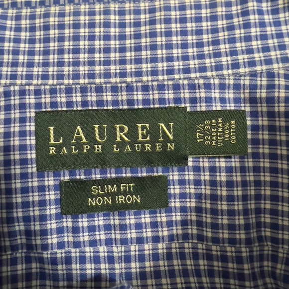 Lauren Ralph Lauren Mens Slim Fit Non Iron Blue Gingham Dress Shirt 17 1/2 32/33 - Picture 2 of 5